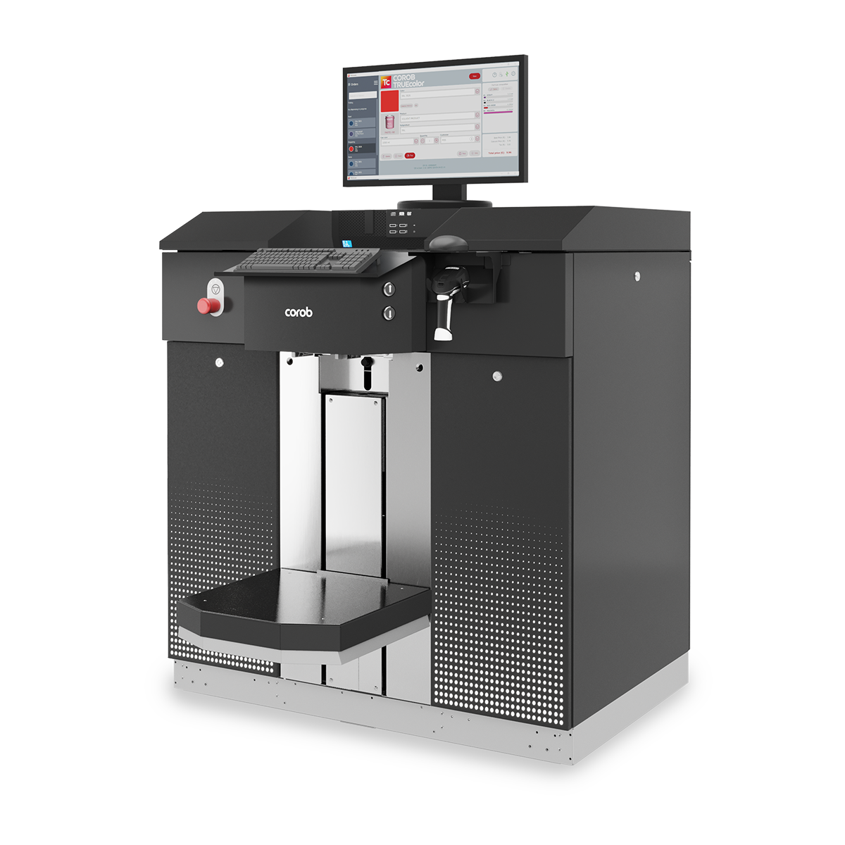 D600 paint dispenser with semi-automatic can shelf and keyboard and mouse support